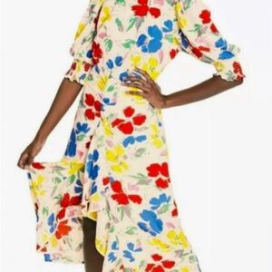 RIXO Asymmetrical Dress in Red, Blue, and Yellow Floral